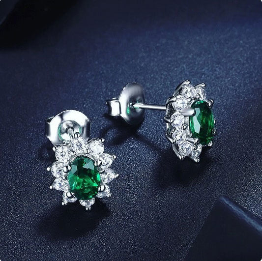 Green Oval Cut Cubic Zirconia Halo Earrings For Ladies | Engagement Gift Earring For Fiancee | Thank You Gift Earring