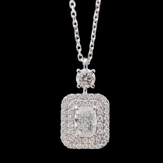 2.88Ct White Cushion Cut Double Halo Pendant | Engagement Gift Pendant For Fiancée | Bridal Jewelry | Designer Jewelry Piece | Stylish Pendant