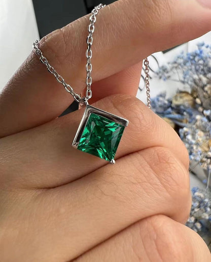 2.80Ct Green Princess Cut Half Bezel Pendant | Engagement Pendant For Fiancée | Bride To Be | Minimalist Pendant