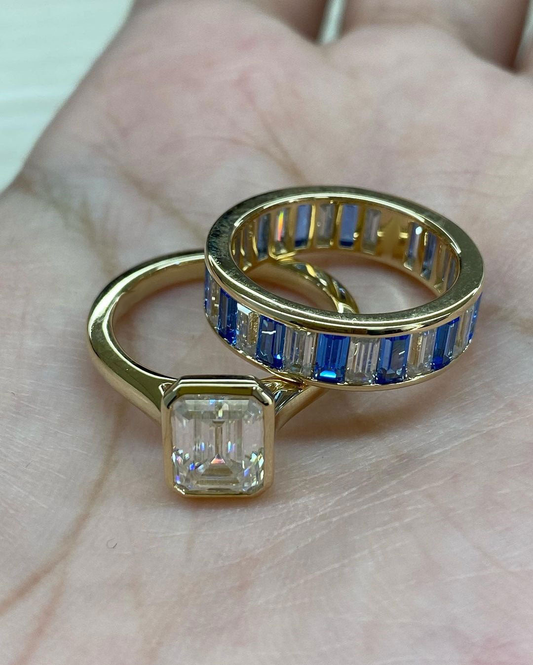 2.8Ct White Emerald Cut Bezel Set Ring Set For Her | Bridesmaid Wedding Ring Set | Double Band Ring Set | Timeless Design