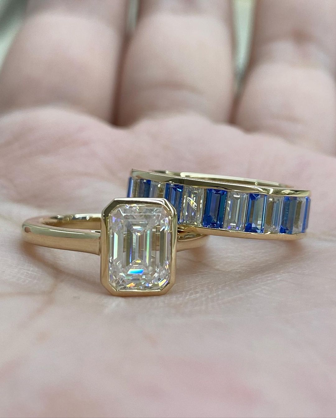 2.8Ct White Emerald Cut Bezel Set Ring Set For Her | Bridesmaid Wedding Ring Set | Double Band Ring Set | Timeless Design