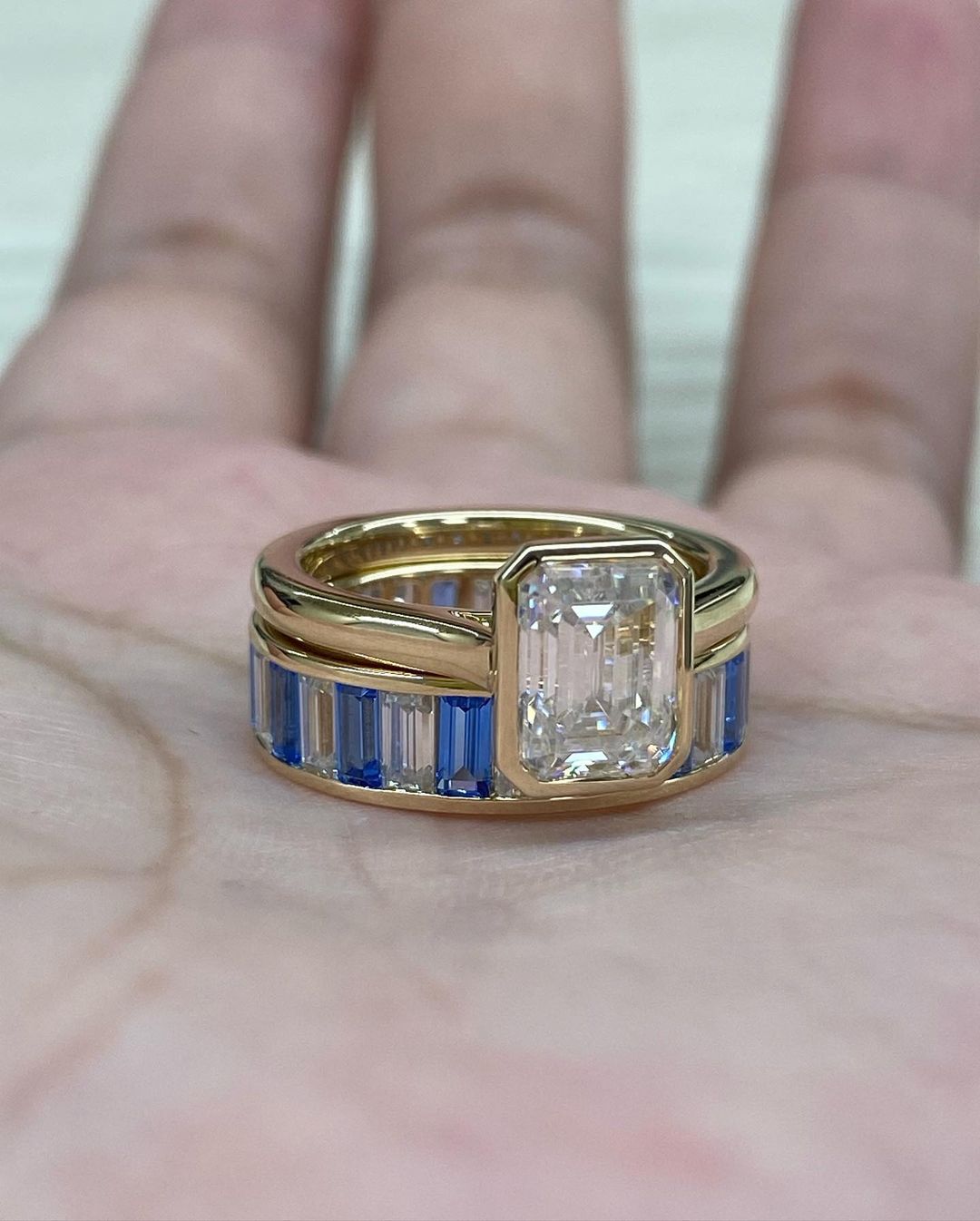 2.8Ct White Emerald Cut Bezel Set Ring Set For Her | Bridesmaid Wedding Ring Set | Double Band Ring Set | Timeless Design