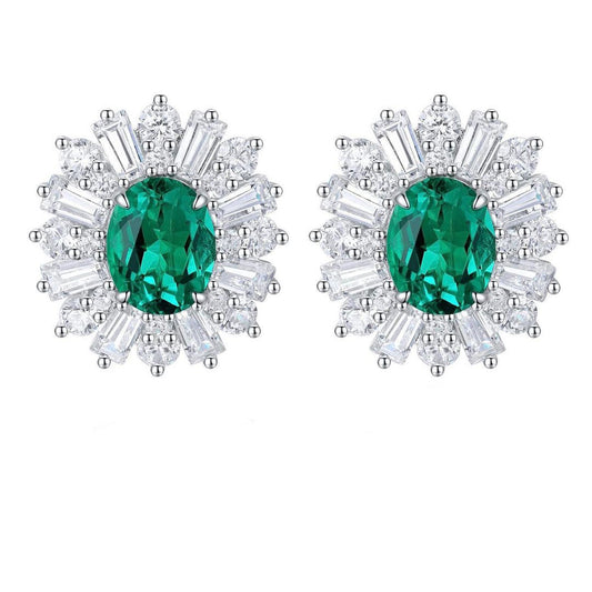 Green Oval Cut Cubic Zirconia Solitaire With Cluster Stud Earring | Unique Statement Earring For Her | Special Events Earring