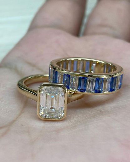 2.8Ct White Emerald Cut Bezel Set Ring Set For Her | Bridesmaid Wedding Ring Set | Double Band Ring Set | Timeless Design