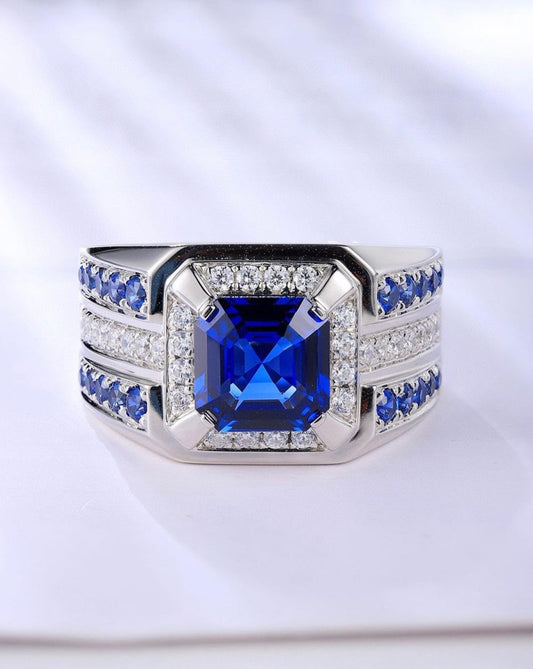 2.8Ct Blue Asscher Cut Halo Men's Ring | Engagement Promise Ring For Men | Stacking Ring | Designer Ring