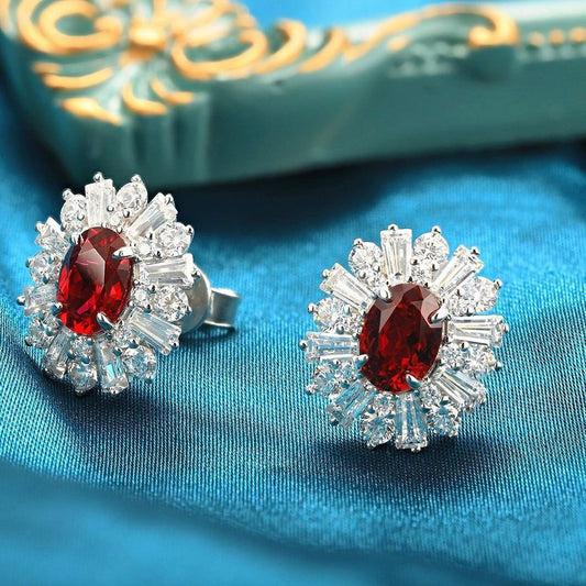 Red Oval Cut Cubic Zirconia Solitaire With Cluster Earrings For Her | Wedding Gift Earring For Bridal | Party Wear Earring For Women