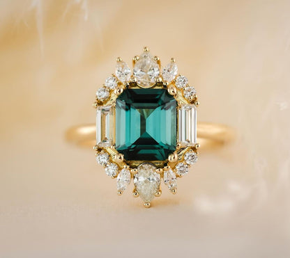 2.88Ct Green Blue Emerald Cut Moissanite Halo Ring | Party Wear Ring | Designer Ring | Modern Bride Ring