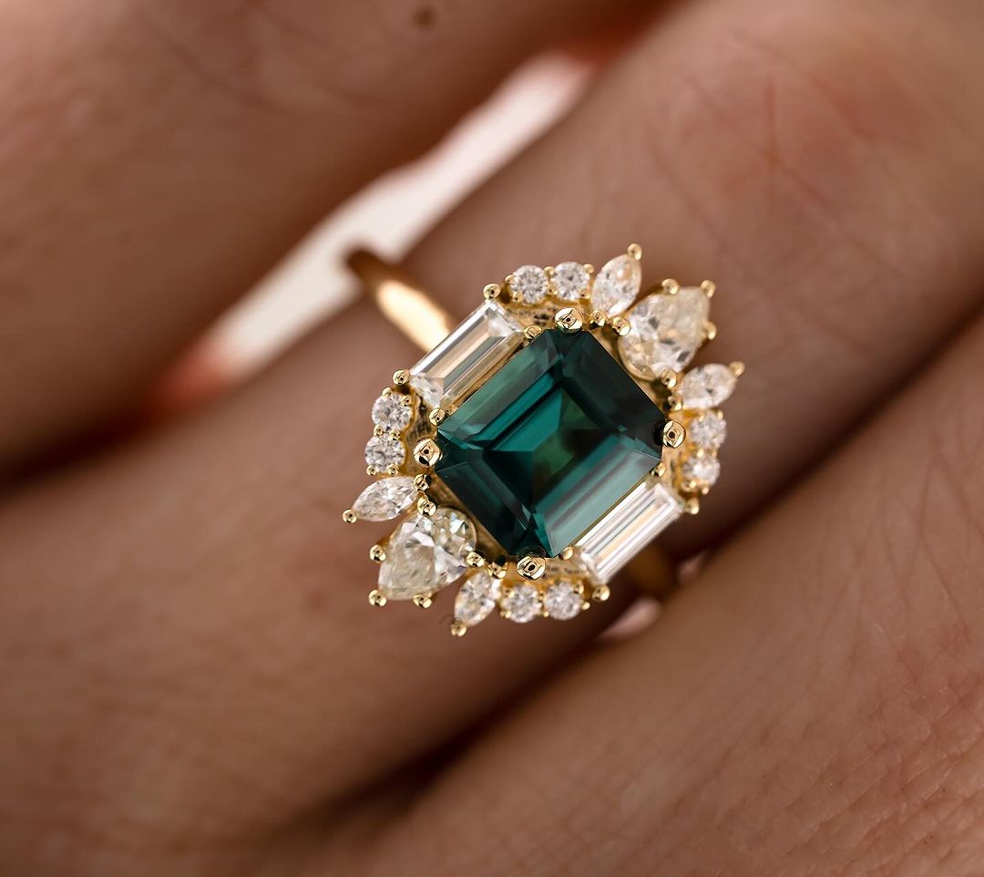 2.88Ct Green Blue Emerald Cut Moissanite Halo Ring | Party Wear Ring | Designer Ring | Modern Bride Ring