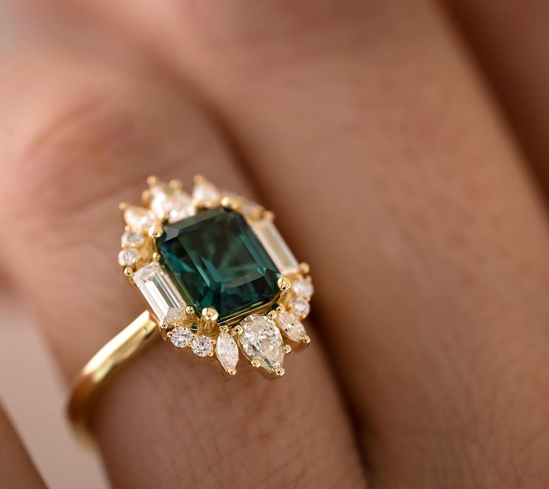 2.88Ct Green Blue Emerald Cut Moissanite Halo Ring | Party Wear Ring | Designer Ring | Modern Bride Ring