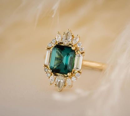 2.88Ct Green Blue Emerald Cut Moissanite Halo Ring | Party Wear Ring | Designer Ring | Modern Bride Ring