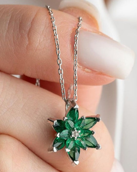 Lotus Flower Shape 3.30Ct Green Pear Cut Cluster Pendant | Customize Pendant | Designer Pendant | Party Wear Pendant For Women