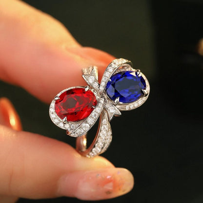 2.8CT Blue And Red Oval Cut Two Stone Ring | Birthstone Bridal Ring | Fancy Ring For Her | Designer Ring