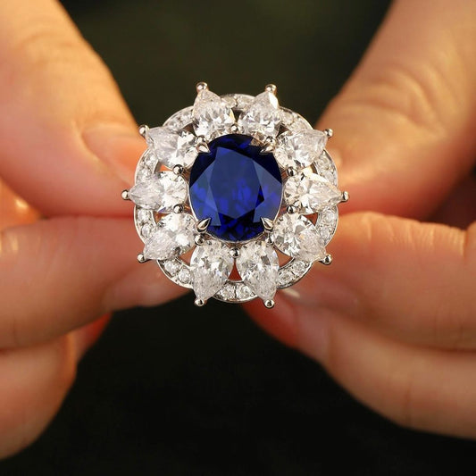 3.2Ct Blue Oval Cut Halo Ring | Party Wear Ring For Her | Special Occasion Ring | Modernist Ring