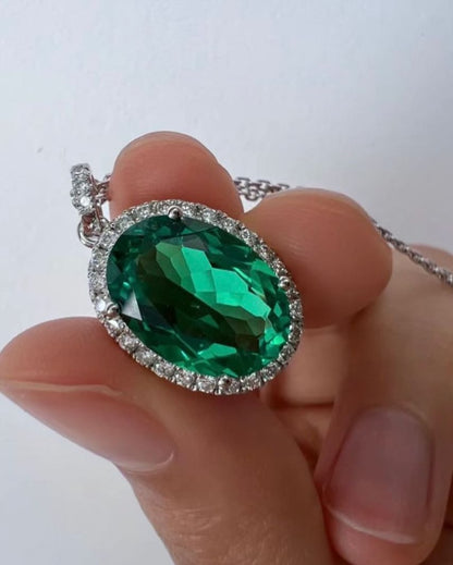 3.30Ct Green Oval Cut Halo Pendant | Party Wear Gift Pendant | Fashion Jewelry | Beautiful And Charming Pendant For Women