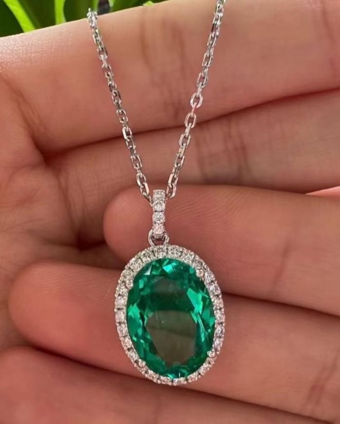 3.30Ct Green Oval Cut Halo Pendant | Party Wear Gift Pendant | Fashion Jewelry | Beautiful And Charming Pendant For Women