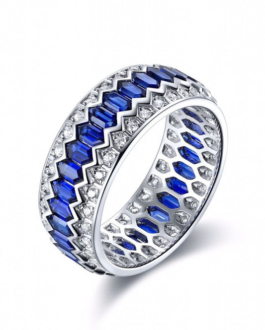 1.4Ct Blue Hexagon Cut Pave Band | Birthday Gift Band | Gift For Mother | Gemstone Band