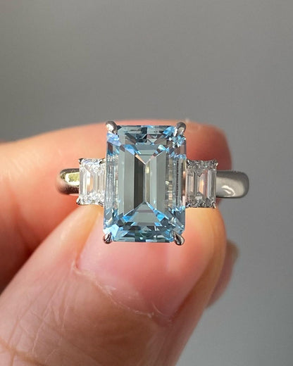 3.20Ct Aquamarine Color Emerald Cut Three Stone Ring | Minimalist Ring For Her | Birthstone Ring For Women