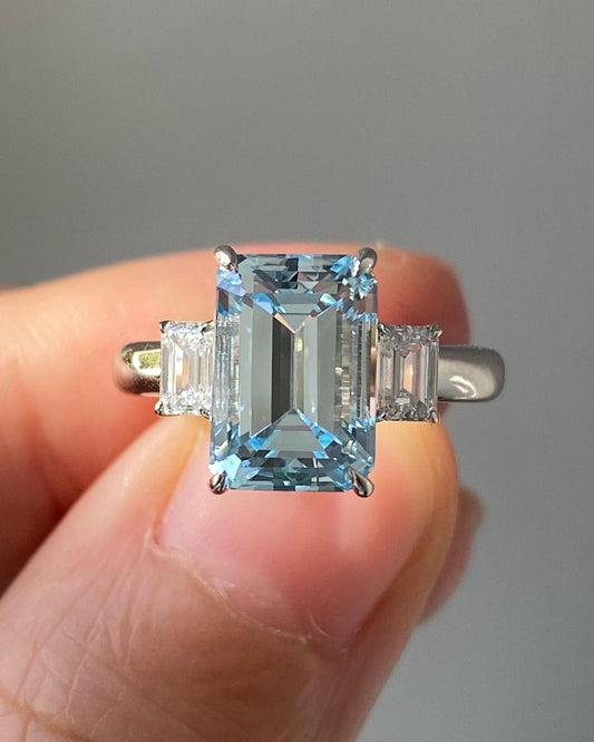 3.20Ct Aquamarine Color Emerald Cut Three Stone Ring | Minimalist Ring For Her | Birthstone Ring For Women