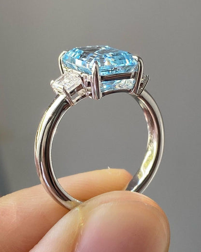 3.20Ct Aquamarine Color Emerald Cut Three Stone Ring | Minimalist Ring For Her | Birthstone Ring For Women