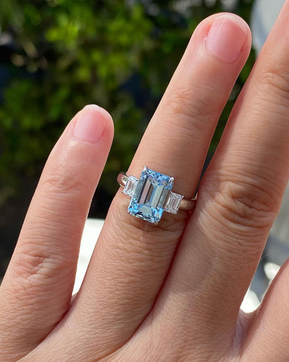 3.20Ct Aquamarine Color Emerald Cut Three Stone Ring | Minimalist Ring For Her | Birthstone Ring For Women