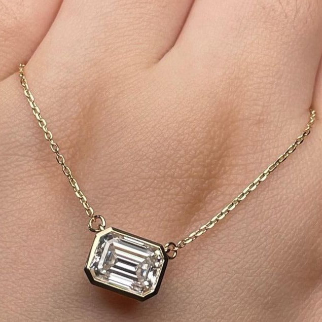 3.20Ct White Emerald Cut Bezel Pendant | Engagement Gift Pendant For Fiancée | Delicate Solo Diamond Pendant | Birthstone Pendant