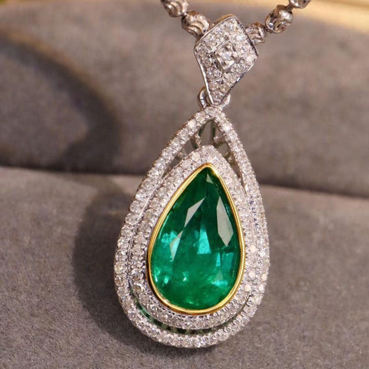 3.50Ct Green Pear Cut Bezel With Halo Pendant | Party Wear Pendant For Her | Timeless Design | Designer Jewelry Piece