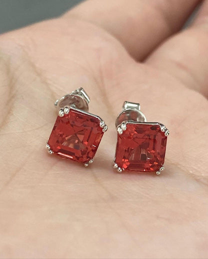 Red Asscher Cut Cubic Zirconia Solitaire Stud Earrings For Women | Birthstone Gift Earring For Her | Beautiful Earring For Ladies