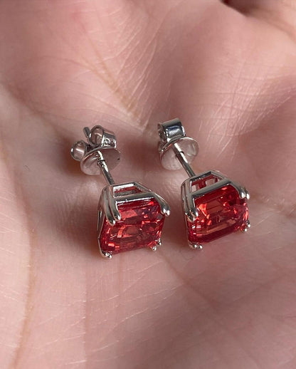 Red Asscher Cut Cubic Zirconia Solitaire Stud Earrings For Women | Birthstone Gift Earring For Her | Beautiful Earring For Ladies