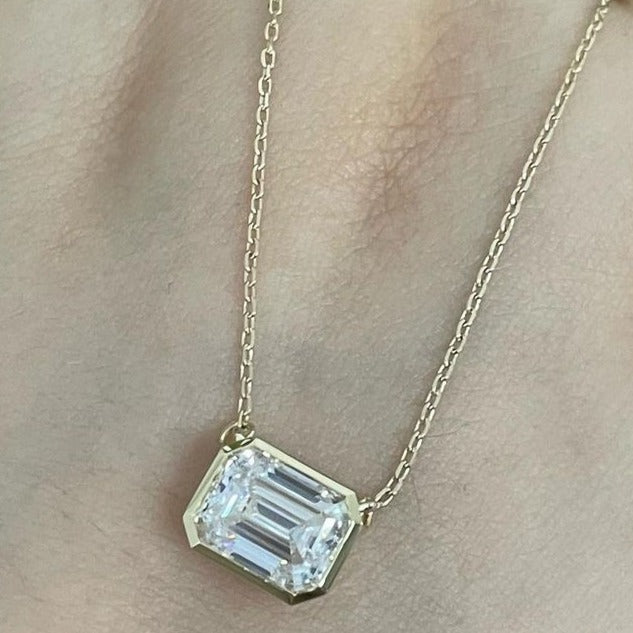 3.20Ct White Emerald Cut Bezel Pendant | Engagement Gift Pendant For Fiancée | Delicate Solo Diamond Pendant | Birthstone Pendant