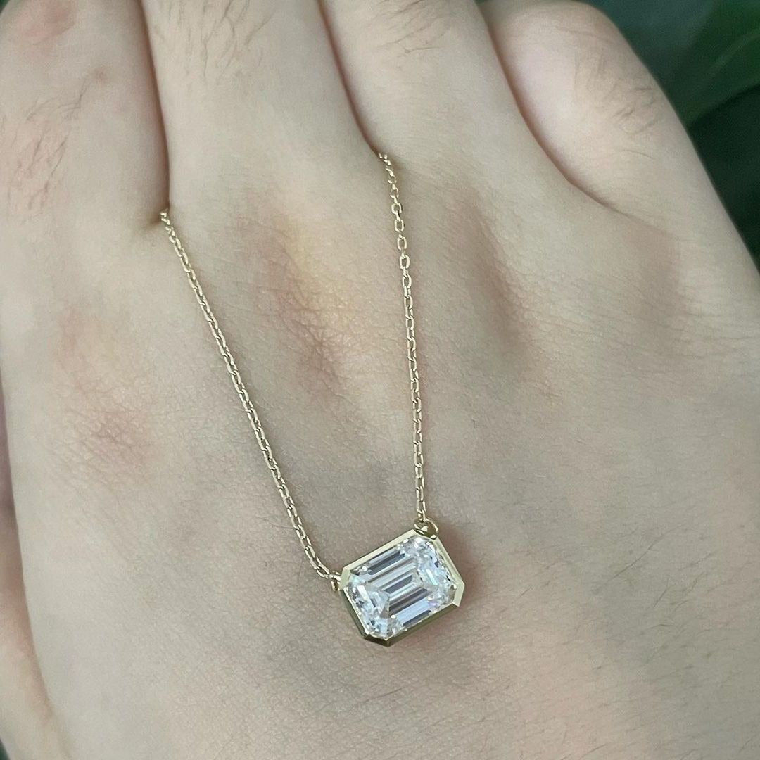 3.20Ct White Emerald Cut Bezel Pendant | Engagement Gift Pendant For Fiancée | Delicate Solo Diamond Pendant | Birthstone Pendant