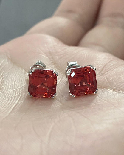 Red Asscher Cut Cubic Zirconia Solitaire Stud Earrings For Women | Birthstone Gift Earring For Her | Beautiful Earring For Ladies