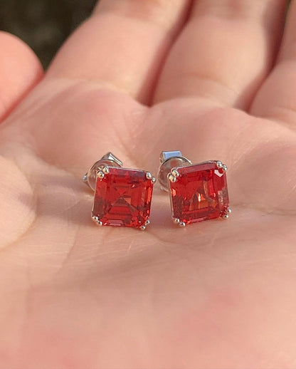 Red Asscher Cut Cubic Zirconia Solitaire Stud Earrings For Women | Birthstone Gift Earring For Her | Beautiful Earring For Ladies