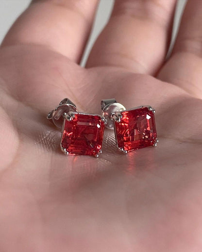 Red Asscher Cut Cubic Zirconia Solitaire Stud Earrings For Women | Birthstone Gift Earring For Her | Beautiful Earring For Ladies