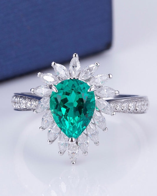 3.1Ct Green Pear Cut Halo Ring| Party Wear Ring | Special Occasion Ring | Timeless Design