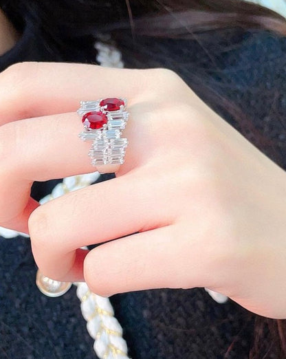 2.5Ct Red Oval Cut Two Stone Ring | Birthday Gift Ring For Women | Delicate Ring | Fancy Ring
