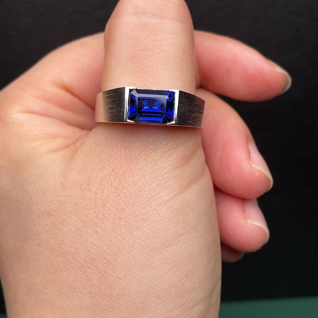 2.70Ct Blue Emerald Cut Half Bezel Men's Ring | Daily Wear Men's Ring | Engagement Ring For Men