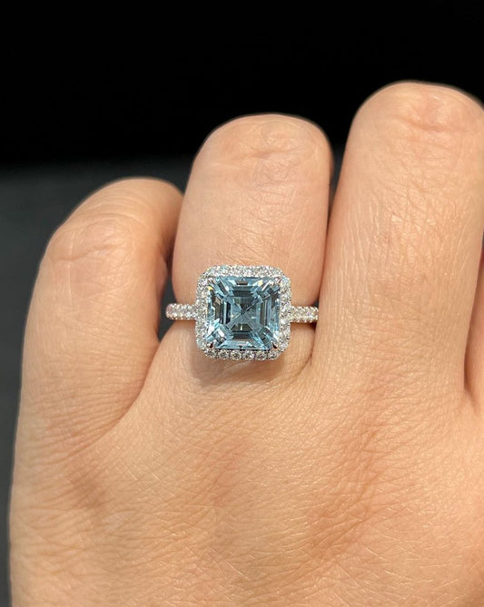 2.8CT Aquamarine Asscher Cut Halo Ring | Party Wear Ring For Women | Unique Ring | Statement Ring