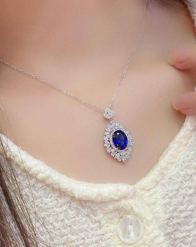 3.30Ct Blue Oval Cut Halo Pendant | Party Wear Pendant | Wedding Pendant For Bridal | Elegant Jewelry Piece