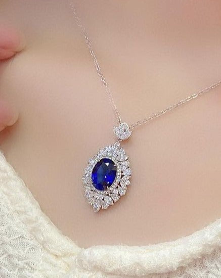 3.30Ct Blue Oval Cut Halo Pendant | Party Wear Pendant | Wedding Pendant For Bridal | Elegant Jewelry Piece