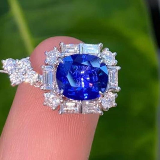 2.85Ct Blue Cushion Cut Halo Pendant | Birthstone Gift Pendant For Her | Statement Pendant For Women | Luxury Jewelry