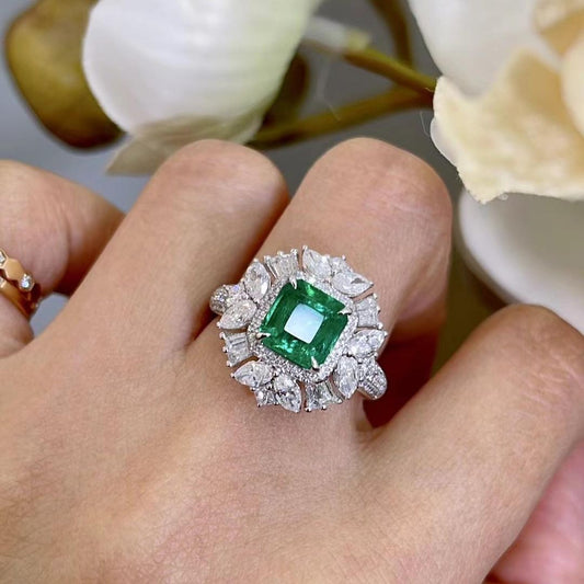 2.8Ct Green Asscher Cut Halo Ring | Party Wear Ring | Elegant Ring | Statement Ring