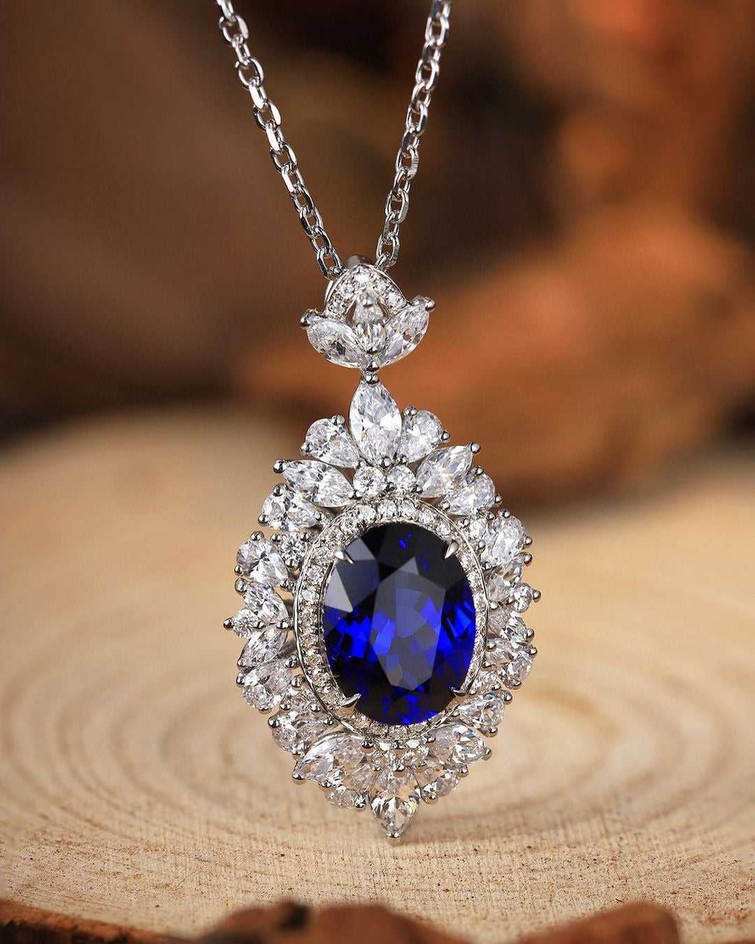 3.30Ct Blue Oval Cut Halo Pendant | Party Wear Pendant | Wedding Pendant For Bridal | Elegant Jewelry Piece