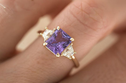 3.1Ct Purple Radiant Cut Three Stone Ring | Birthstone Ring | Customize Ring | Gift For Her