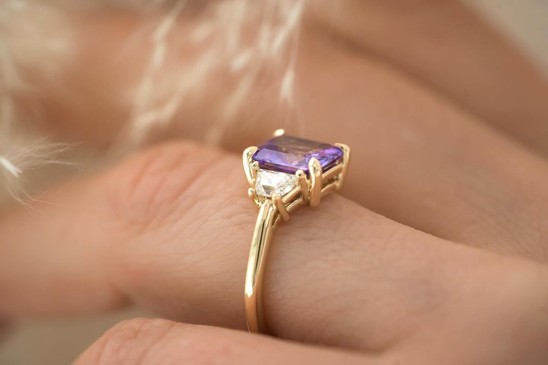 3.1Ct Purple Radiant Cut Three Stone Ring | Birthstone Ring | Customize Ring | Gift For Her