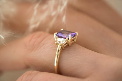 3.1Ct Purple Radiant Cut Three Stone Ring | Birthstone Ring | Customize Ring | Gift For Her