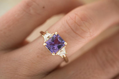 3.1Ct Purple Radiant Cut Three Stone Ring | Birthstone Ring | Customize Ring | Gift For Her