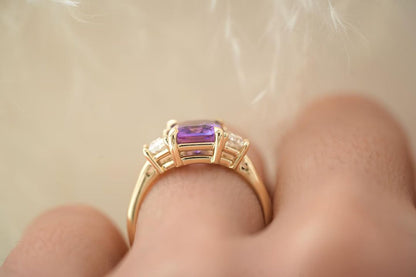 3.1Ct Purple Radiant Cut Three Stone Ring | Birthstone Ring | Customize Ring | Gift For Her