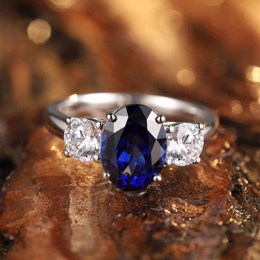 3.1Ct Blue Oval Cut Three Stone Ring | Anniversary Gift Ring | Proposal Ring | Special Occasion Ring