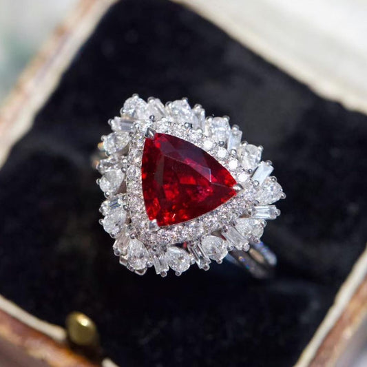 3.2Ct Red Trillion Cut Double Halo Ring | Party Wear Ring For Women | Elegant Design | Special Occasion Ring