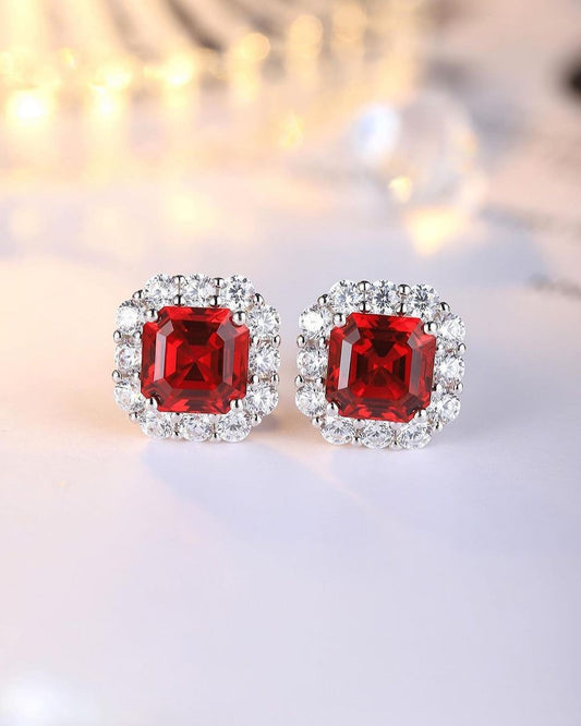 Red Asscher Cut Cubic Zirconia Halo Stud Earrings For Women | Bridesmaid Engagement Gift Earring | Party Wear Earring For Ladies